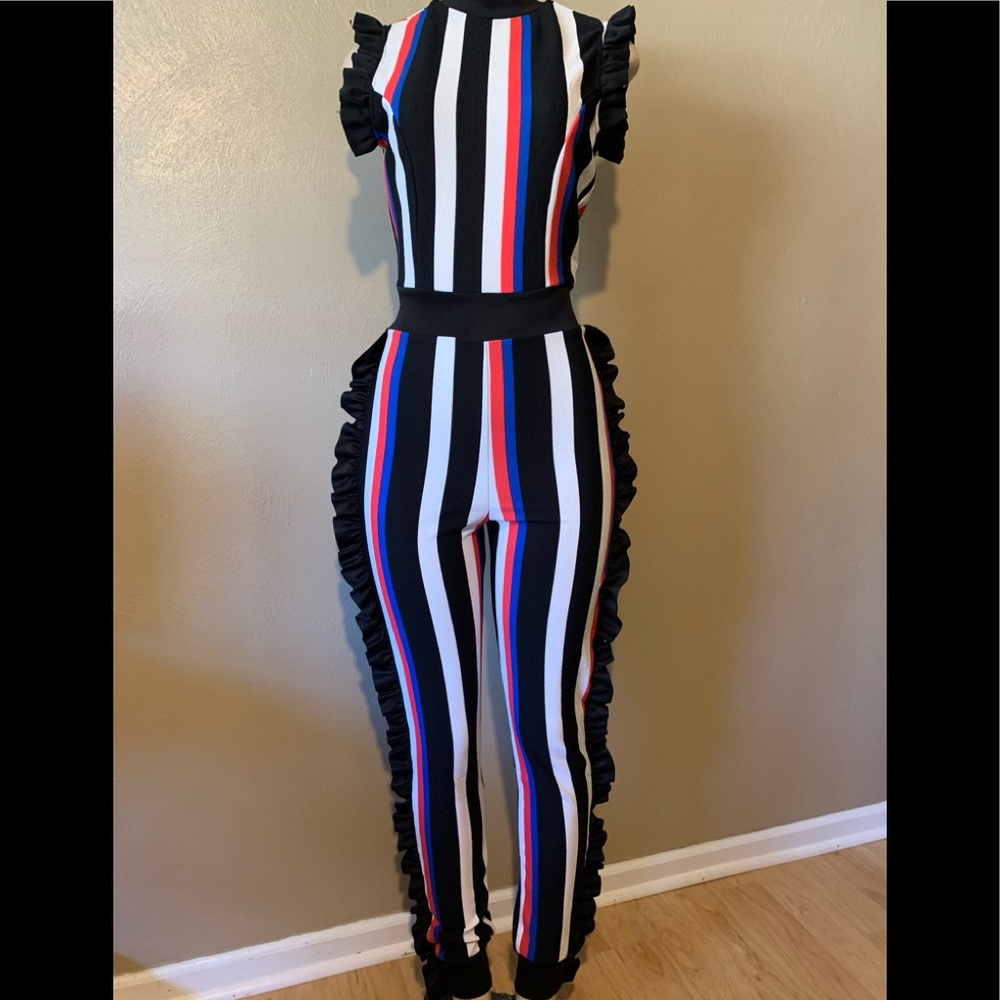 Fashion Nova Kayla size S blue black combo striped jumpsuit ruffled trim